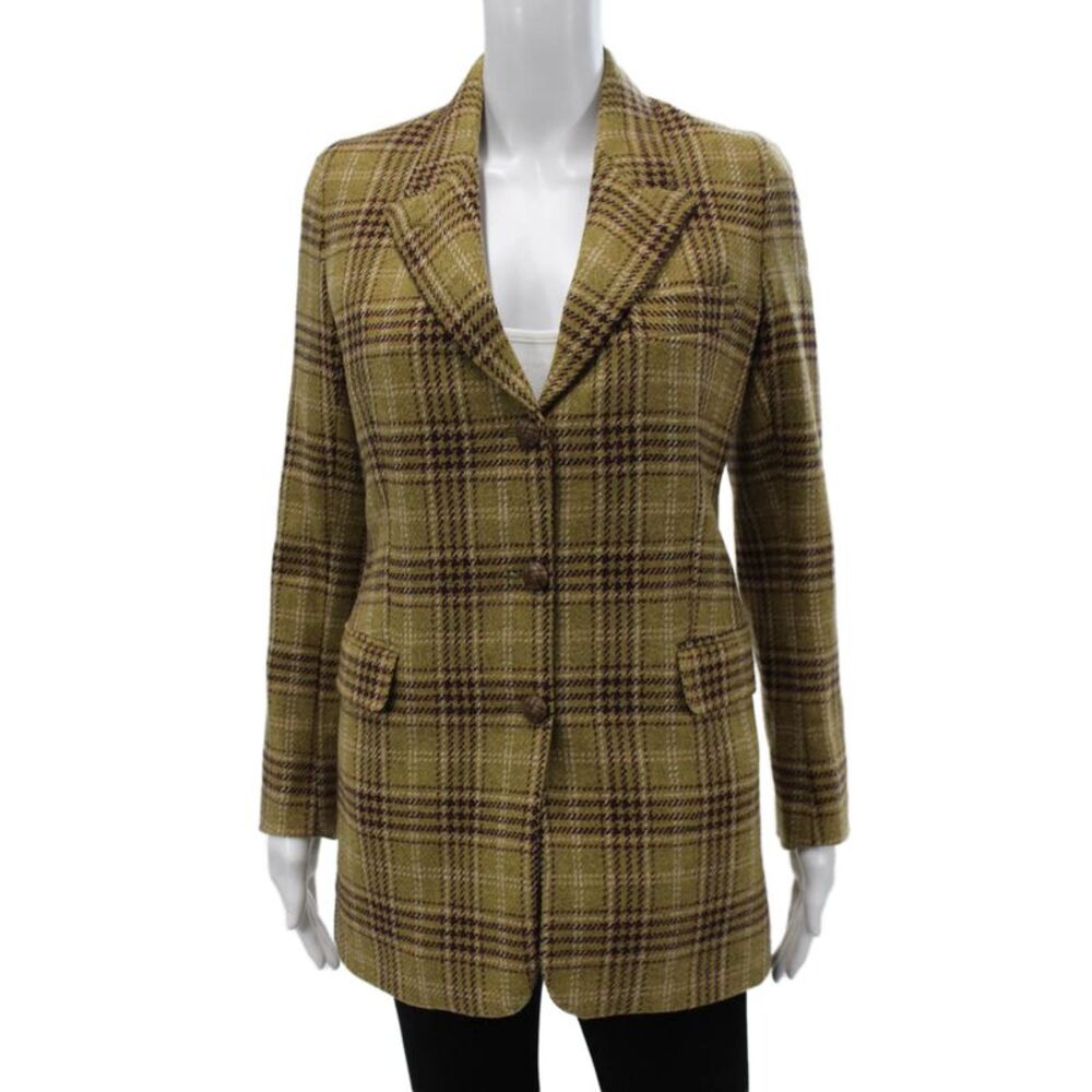 Giuliva Heritage Womens Blazer Green Wool Plaid Button Long Sleeve Size 38